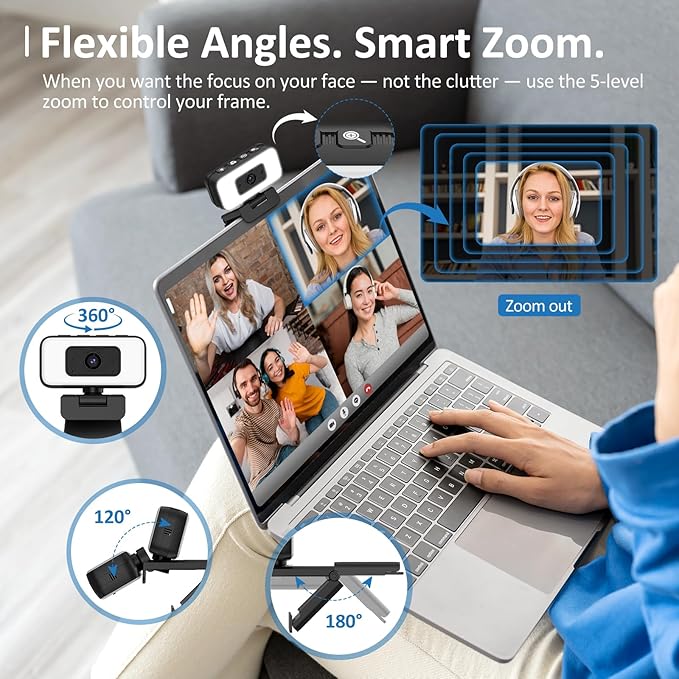 Danyesth 2K Webcam for Laptop, Computer Camera with Light for PC/Desktop/Mac [Light Your Face, Free Your Space] USB Webcam with Auto Anti-Disturb Backlight, Zoom & Flip, Privacy Cover, Microphone