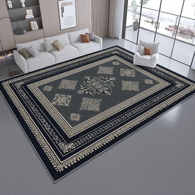 Area Rugs for Living Room, 5x6 Washable Rug Grey Soft Low Pile Non-Slip Carpet Stain Resistant Carpets for Bedroom Dining Room Farmhouse Nursery, Classical Patterned Geometric