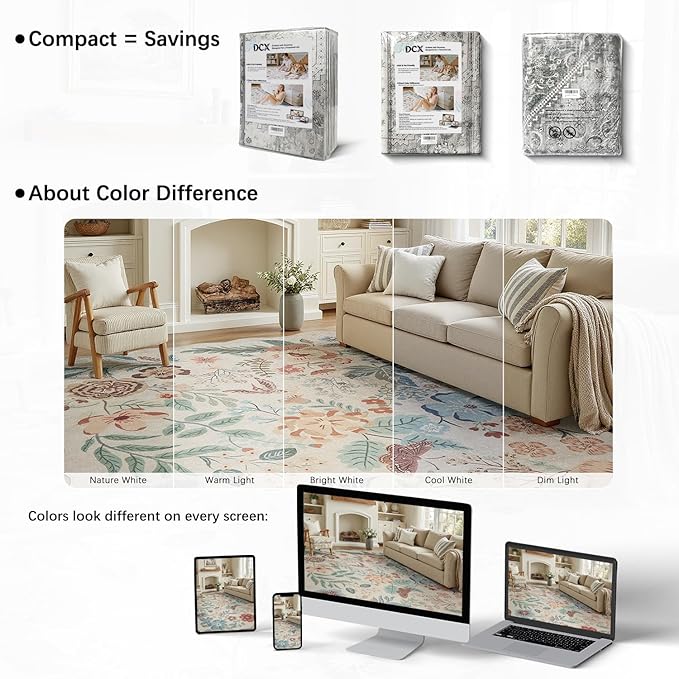 DCX Beige Floral Rug 5x7, Washable Beige Rug for Living Room, Kid & Pet Friendly with Rubber Back Non Slip, Soft Low Pile Carpet, Stain Resistant Rug for Bedroom, Nursery, Dining Room