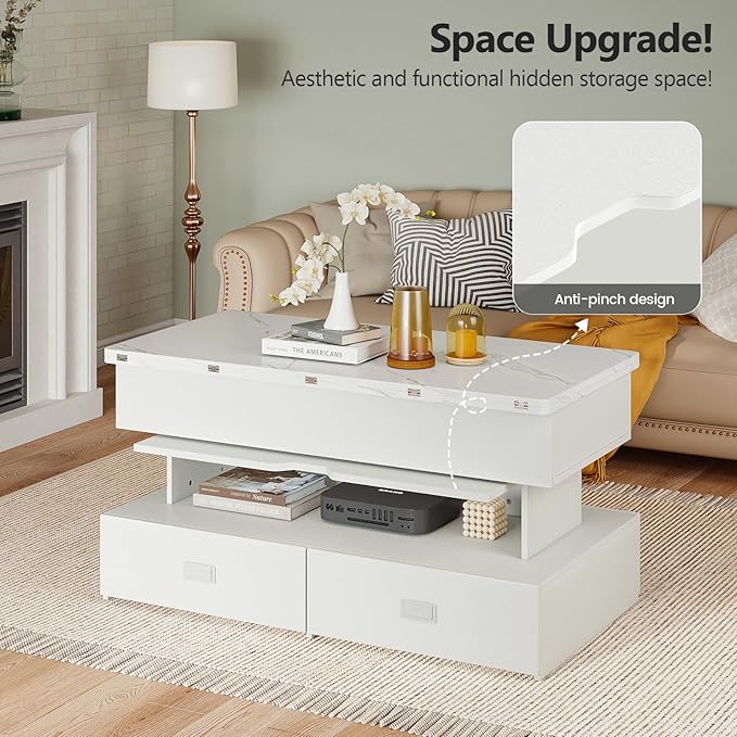 Turosur 40" Lift Top Coffee Table, Coffee Tables with Storage and 4 Drawer, Coffee Table with Lifting top with LED Lights for Living Room Home Office