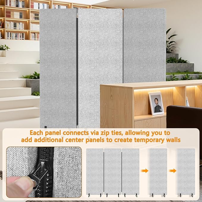 Soundproof Room Divider Panel with Wheels, 66in Portable Office Partition Screen, 3 Panel Temporary Wall Divider for Sound Proof Separation, Cubicle Privacy Panels for Desk (Light Grey)