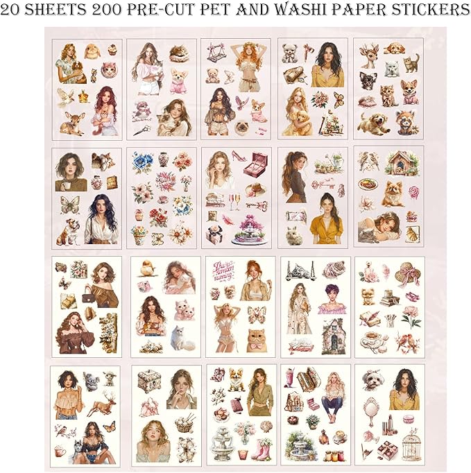 Auguro Scrapbooking Stickers 20 Sheets Pre-Cut 200 washi Stickers PET People Sticker Books for journaling Scrapbook Supplies Transparent Journal Sticker
