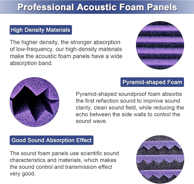 52 Pack Acoustic Foam Panels,1" x 12" x 12"Acoustic Wedge Studio Foam Sound Absorption Wall Panels (Black and purple)