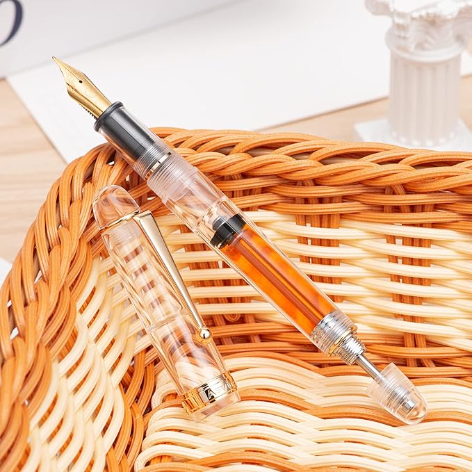 Asvine V126 Vacuum Filling Fountain Gold Plated Fine Point, Clear Demonstrator Pen, Large-Capacity with Gift Case