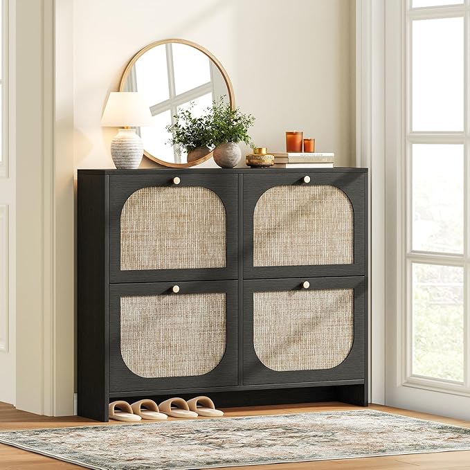 Nicetree Shoe Storage Cabinet for Entryway, Rattan Vintage Flip Shoe Rack- 4 Flip Drawers & 3-Tier Adjustable Shelves,Boho Shoe Organizer for 28-36 Pairs - Fits Size 12 Boots, 9.5" Ultra Slim