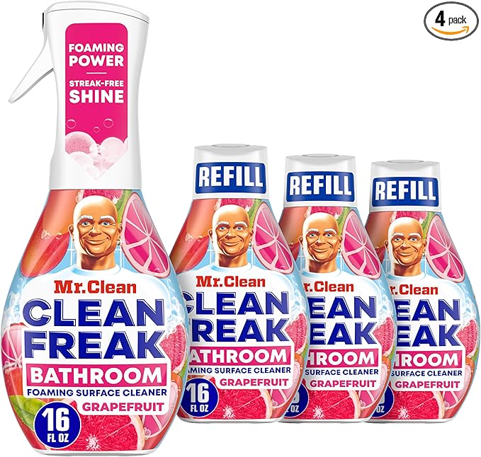Mr. Clean Clean Freak Foaming Bathroom Surface Cleaner Multi-Surface Spray Starter Kit and Refill Bundle, Grapefruit Scent, 64 fl oz