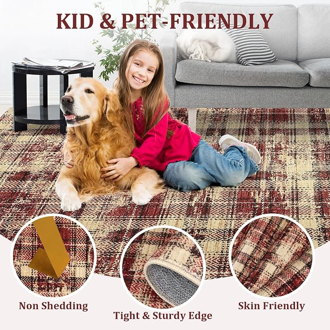 Washable Rugs 8x10 Rug for Living Room Bedroom Rug Modern Plaid Area Rug Soft Carpet 8'x10' Red