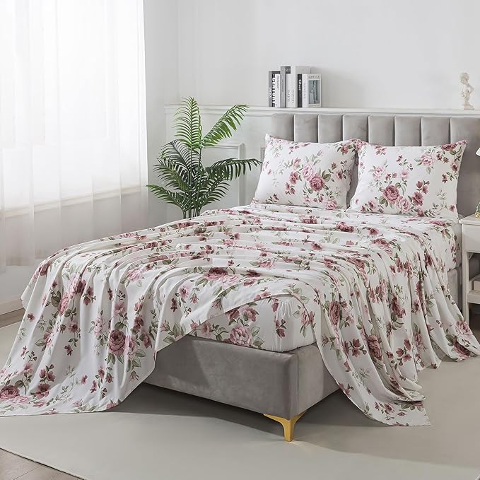 FADFAY Beige Vintage Floral Cal King Size Sheets Set Premium 100% Cotton Shabby Brick Red Rose Pattern Bedding Set Deep Pocket Sheets with 2 Pillowcases Luxury Breathable Soft 4Pcs, Cal King Size
