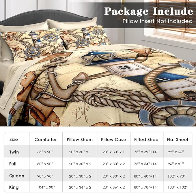 Comforter Set King Size, Retro Nautical Lighthouse Map 7 Pcs Bedding for Kids and Adults, Vintage Anchor Beige Bed Sheet Sets with Fitted Sheet 2 Pillowcase & 2 Sham for Bedroom Bed Decor
