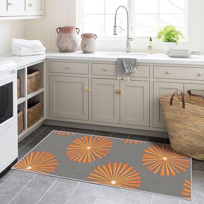 Mid Century Modern Runner Rug 4x10, Sunburst Starburst Design, Retro Geometric Area Rug, Washable Non-Slip Floor Carpet Runner for Bedroom, Dining Room, Living Room Aisle