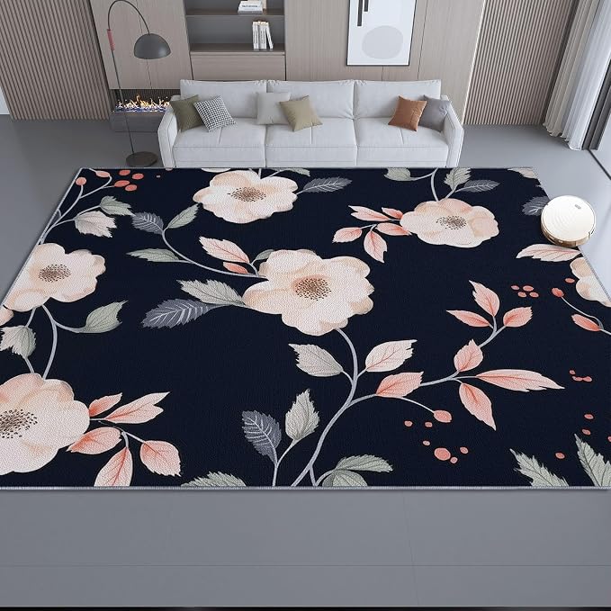 Area Rugs for Living Room, 5x6 Washable Rug Black Soft Low Pile Non-Slip Carpet Stain Resistant Carpets for Bedroom Dining Room Farmhouse Nursery, Retro Branches and Leaves Elegant Flowers