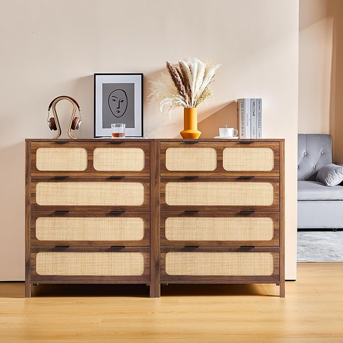 LEVNARY 4 Drawer Dresser for Bedroom, Rattan Dresser Drawers Storage Cane Cabinet, Wooden Chest of Drawers for Bedroom, Entryway, Living Room (1, Walnut)