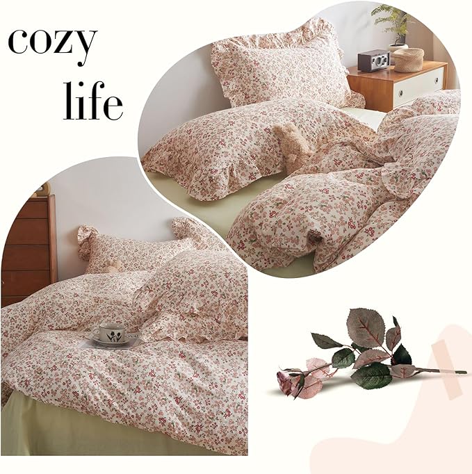 Pink Flower Duvet Cover with Ruffle Pillowcases 100% Cotton Floral Bedding Set Twin Teen Girls Aesthetic Flower Comforter Cover Cottagecore Garden Style Boho Floral Duvet Cover with Zipper Closure