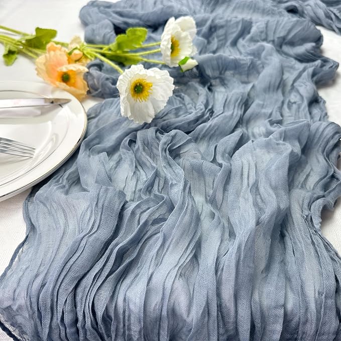 Booque Valley 3 Pack Dusty Blue Cheesecloth Table Runner 10ft Super Soft Boho Wrinkled Gauze Sheer Cloth for Baby Shower Baptism Birthday Party Wedding Centerpiece Table Decoration, 35x120 Inch