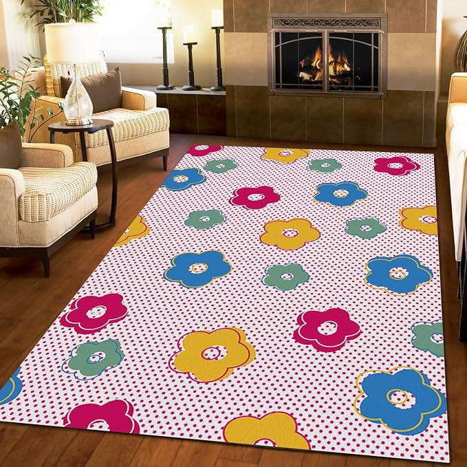 Cartoon Cute Flowers Area Rug, Pink Polka Dot Background Non Slip Decorative Rugs, Breathable Durable Carpet for Indoor Bedroom Living Room Sofa Office Floor Rug - 5 ft x 6 ft