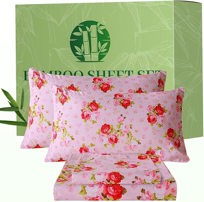Bedlifes Twin Floral 3-Piece Sheet Set - Cooling Sheets Blend Rayon Derived from Bamboo,Soft & Breathable, Deep Pocket 16", Wrinkle Resistant - Vibrant Boho Floral in Rose Pink