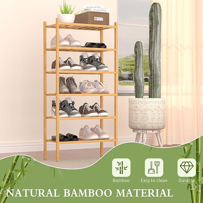 6-Tier Bamboo Small Shoe Rack, Free Standing Wood Shoe Shelf Storage Organizer for Closet Entryway Stackable (Natural)