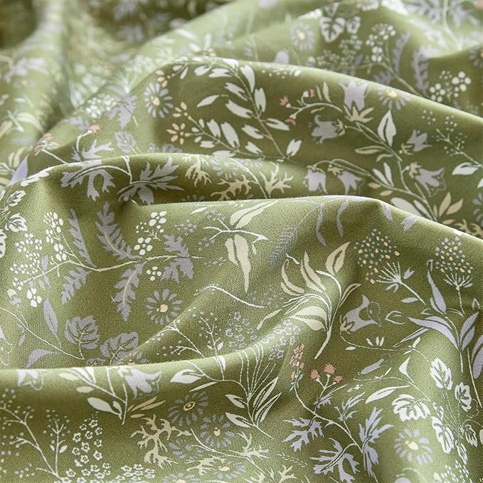 mixinni 3 Pieces Duvet Covers King Size, 100% Cotton Comforter Cover Wildflower Printed on Army Green Floral Bedding Set with Zipper Closure 4 Ties (1 Duvet Cover 104"x90", 2 Pillow Cases 20"x36")