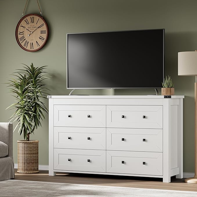 BORNOON 6-Drawer Dresser, Modern Wooden Storage Chest of Drawers, Dresser TV Stand, Wood Drawer Organizer with Metal Handles for Bedroom, Living Room, Hallway