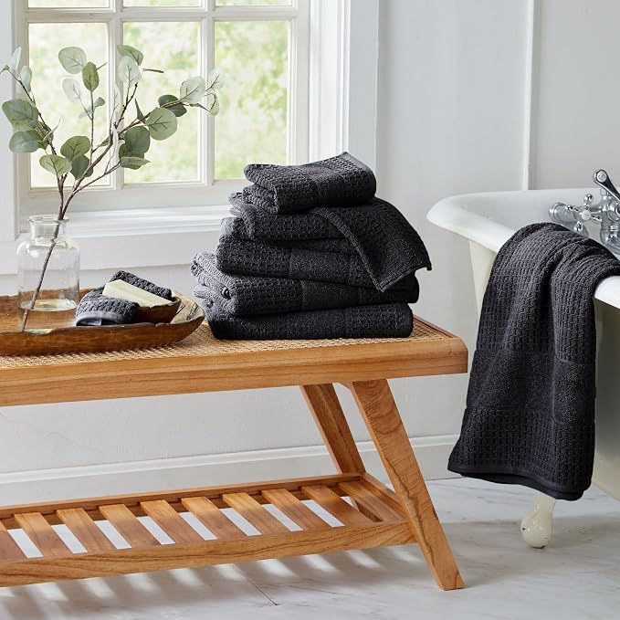 Market & Place 100% Cotton Super Soft Luxury Bath Towel Set | Quick-Dry and Highly Absorbent | Waffle Textured | 550 GSM | Includes 4 Bath Towels | Harper Collection (Black)