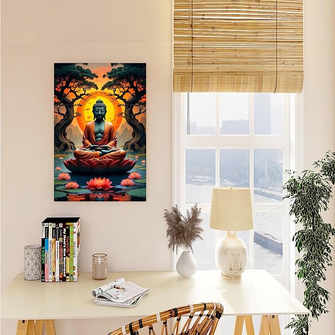 Canvas wall art Golden Buddha on lotus at sunset Ancient trees with reflections on water Serene meditation scene Uplifting wall art for mindfulness and tranquil home decor 8x12in Wood Framed