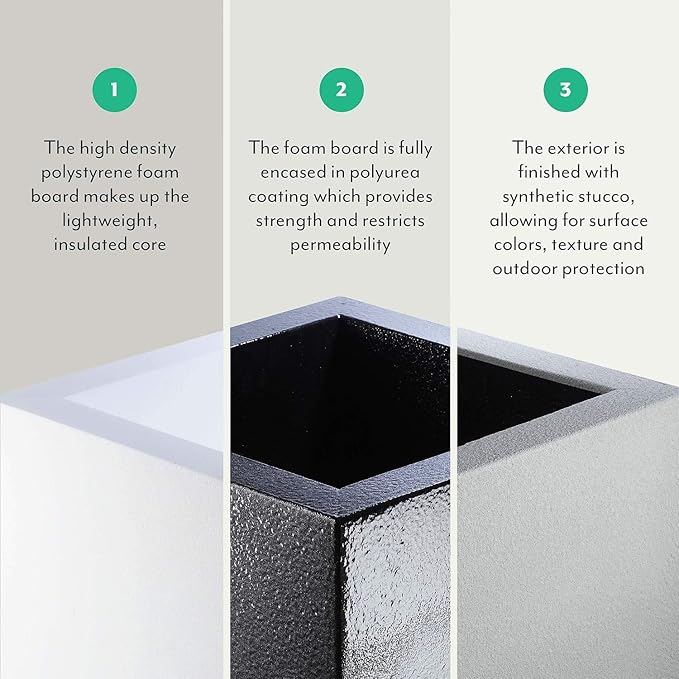PolyStone Monterray Modern Outdoor/Indoor Square Planter, 23" L x 23" W x 19" H, Lightweight, Heavy Duty, Weather Resistant, Polymer Finish, Commercial Grade and Residential (Black)