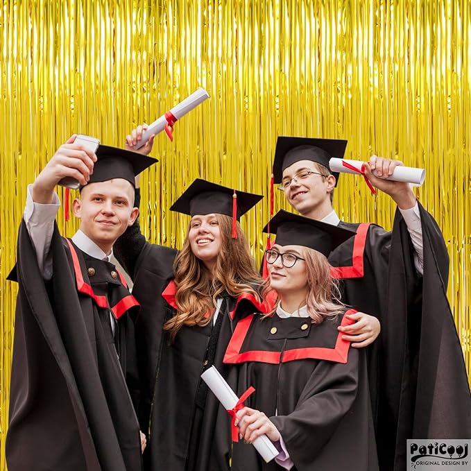 Thicken Gold Streamers 2 Pack 3.2 x 8.2 FT, Golden Birthday Decrorations Tinsel Backdrop Curtains, Foil Fringe Photo Backdrop for Birthday, Prom, Hollywood, Anniversary Party Decorations