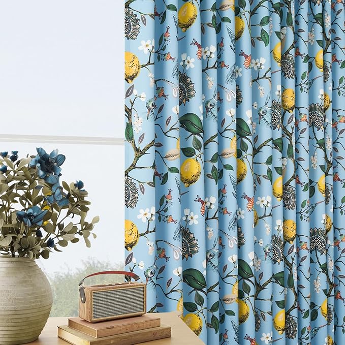 Blue and White Patterned Floral Aesthetic Curtains 84 Inch Length Farmhouse Vintage Pinch Pleated Drapes Birds Luxury 2 Panels for Kid Bedroom Living Room, Chambray Blue