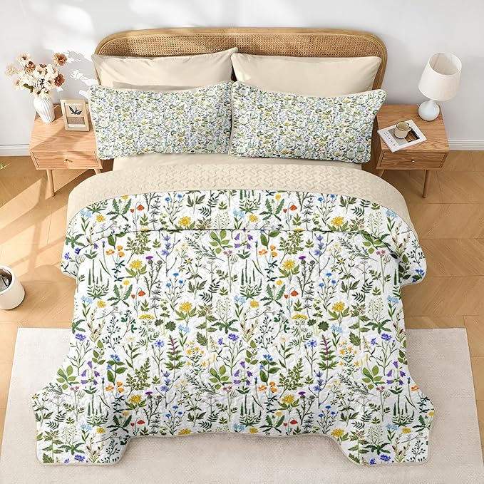 Quilt Set King Size, Garden Floral 3 Pcs Soft Bed Cover Bedding Set, Country Rustic Farmhouse Lightweight Bedspread Coverlet with 2 Pillow Sham for All Season