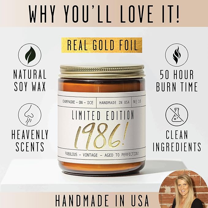 39th Birthday Gifts for Women - 'Limited Edition 1986' Soy Candle, w/Champagne on Ice I 39 Birthday Gifts for Women I 39th Gift for Her Ideas I 9oz Reusable Jar, 50Hr Burn, Made in USA
