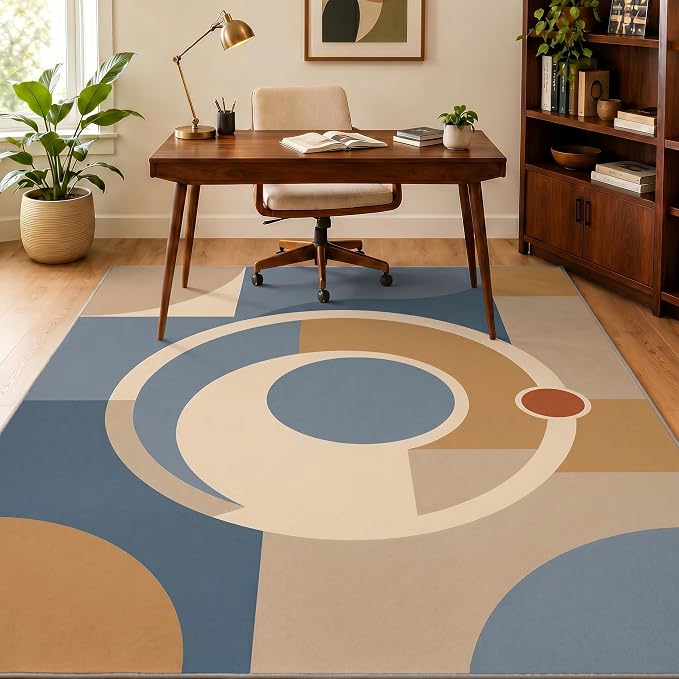 Mid Century Area Rug 6x8, Home Decor | Dusty Blue Camel Mod Orbit, Modern Abstract Circle Rug for Living Room, Bedroom, Home Office, Non Slip, Washable, Low Pile