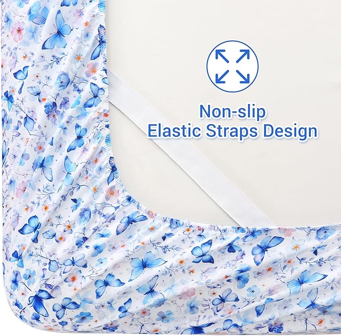Softan Twin Floral Sheets, Microfiber Blue Flower Printed Fitted Sheets with Non-Slip Corner Straps and 15" Deep Pocket, Butterfly Patterned Cozy Bed Sheets, Single Sheets & Pillowcase Sets