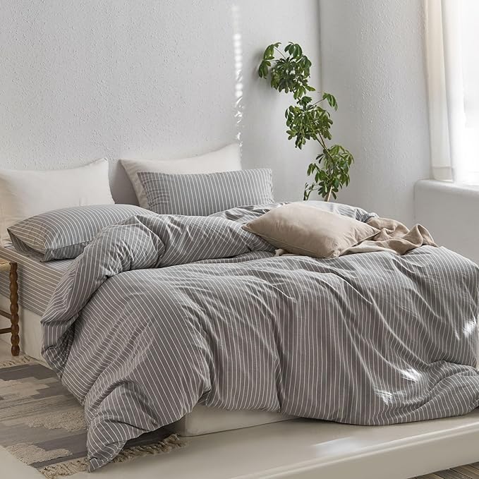 MooMee Striped Duvet Cover Set 100% Washed Cotton Linen Like Textured Breathable Durable Soft Comfy (Light Grey White Wide Stripes, Queen 90"x90")