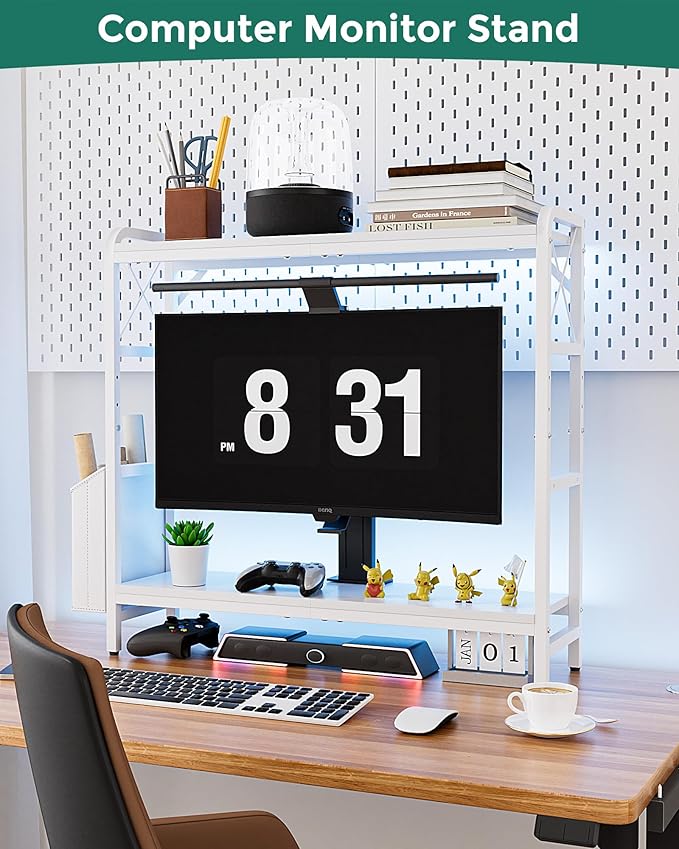 VERSASKY Desktop Shelves, Monitor Stand with Adjustable Shelves and Side Pockets, 2-Tier Desktop Bookshelf Organizer, Large Capacity Display Shelf Rack, Desk Hutch for Home Office, Study Room, White