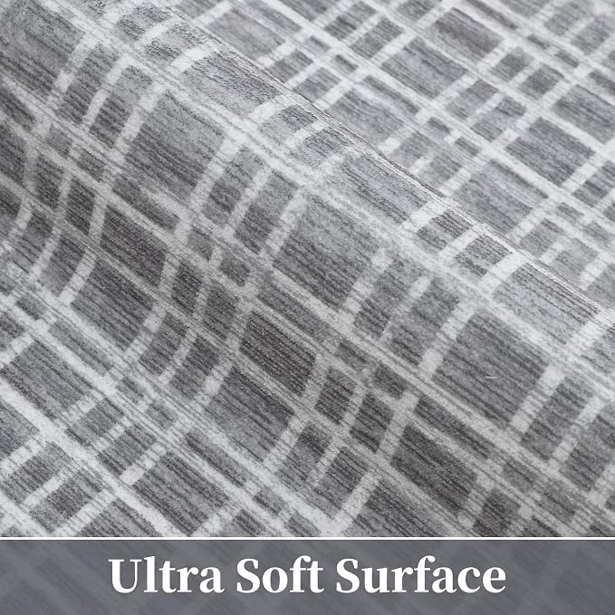 Washable Rug 6 x 9 Area Rug for Living Room Modern Large Area Rug for Bedroom Farmhouse Grid Non Slip Throw Rugs Soft Faux Wool Low Pile Stain Resistant Carpet for Dining Room 6'x9' Grey