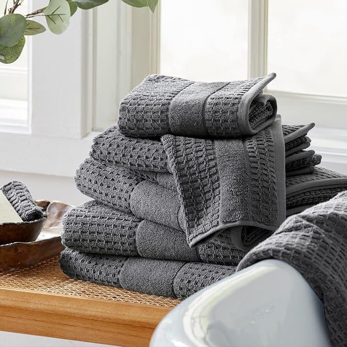 Market & Place 100% Cotton Super Soft Luxury Towel Set | Quick-Dry and Highly Absorbent | Waffle Textured | 550 GSM | 2 Bath Towels, 2 Hand Towels, & 2 Washcloths | Harper Collection (Dark Grey)
