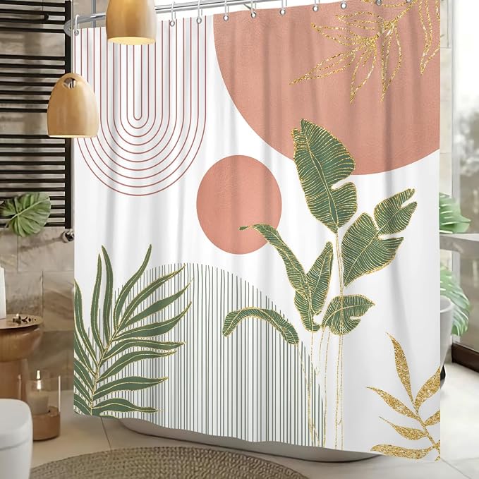 Mid Century Boho Shower Curtain, Abstract Modern Sun Minimalist Aesthetic Shower Curtain, Bohemian Geometric Arch Curve Leaves Neutral Art Fabric Bathroom Curtains Pink 72x78 inch