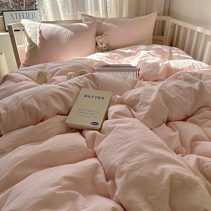 LifeTB Pink Gingham Duvet Cover King Size 3 Pieces Romantic Lace Duvet Cover Pink Plaid Checkered Comforter Cover with 2 Pillowcases Soft Breathable Microfiber Grid Farmhouse Plaid Bedding Set