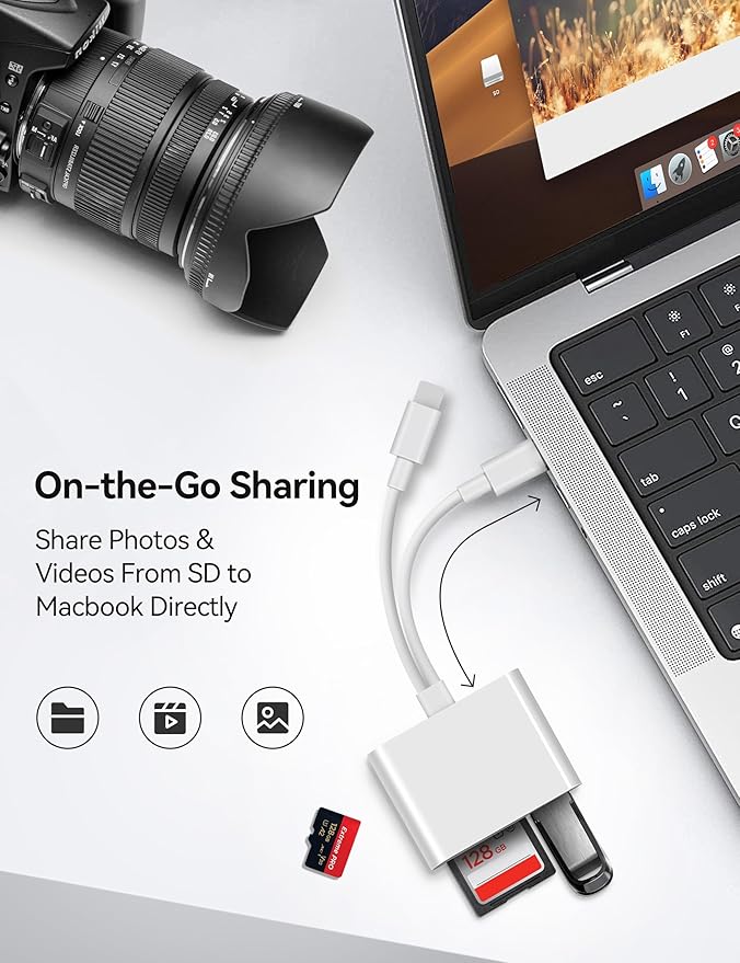 SD Card Reader for iPhone iPad Lightening USB-C Dual Connector Memory Card Adapter with Dual Slots & USB Port Trail Camera Viewer for Mac MacBook Pro/Air/Mini Android Laptop