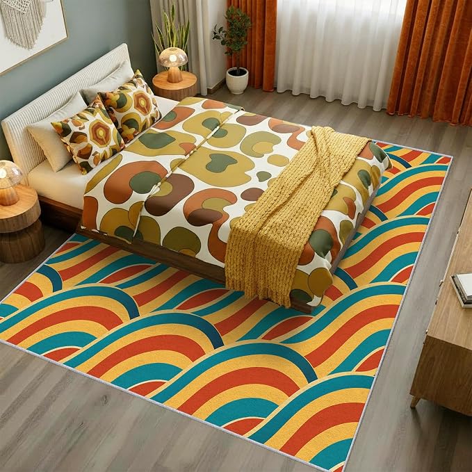 70s Rug 3x5 Retro Abtract Groovy Stripes Pattern Area Rugs for Living Room, Bedroom, 70s Home Decor Accessories Indoor Carpet, Non Slip & Machine Washable, GD0364