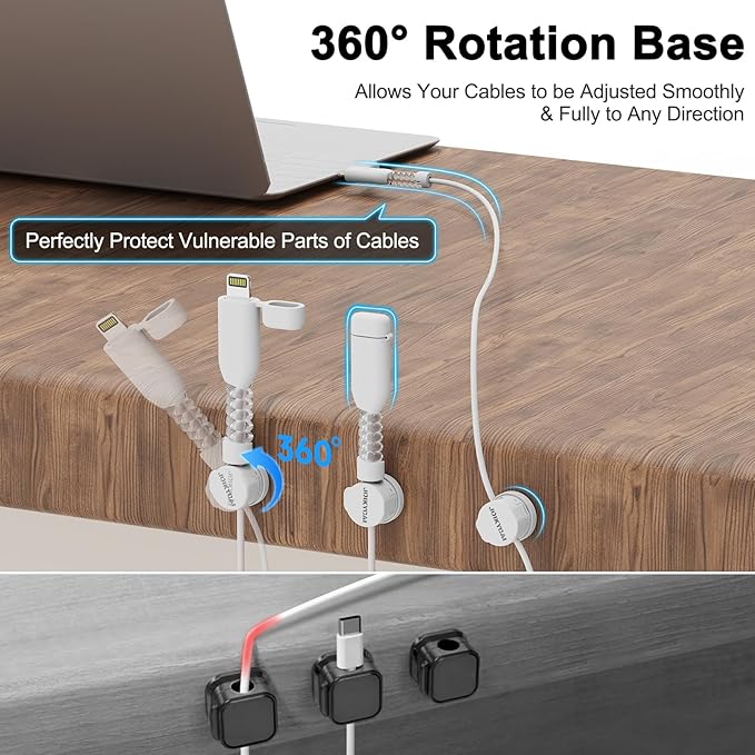 6 Desktop Cord Organizer Magnetic Spring Cable Clips Rotatable Cord Holder 2 Charging Cord Protecors for Nightstand Phone Charger Organizer Computer Desk Cable Management Appliance Adhesive Wire Strap