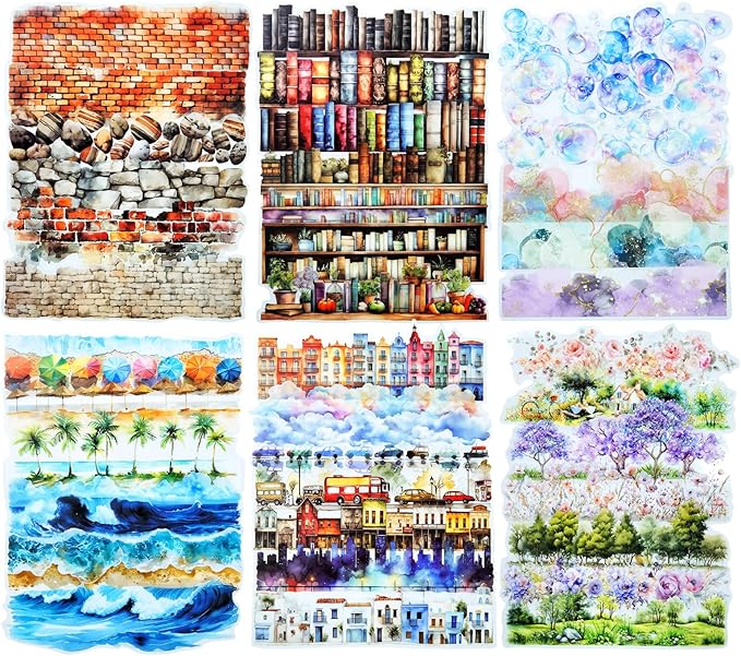 AuriicLeaf PET Scrapbook Stickers Set, 120PCS Journaling Supplies with 6 Themes Book Wall Ocean City Tree Bubble Decorative Stickers for DIY Crafts and Planners