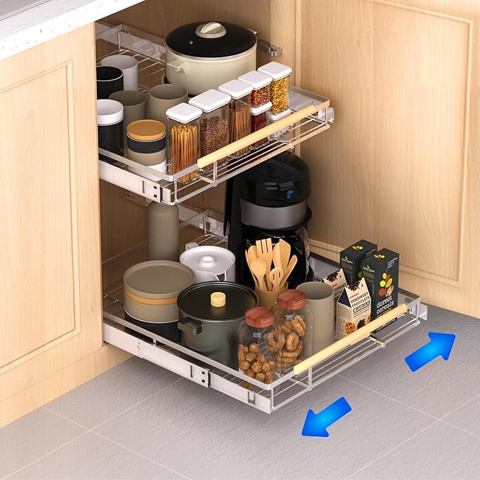 KIKIBRO Pull Out Drawer Cabinet Organizer, Expandable Slide Out Storage Shelves - Heavy Duty, Durable and Smooth Slide-Out, 12.3" x 18.3" Wide x 17.3" Deep, 2 Pack