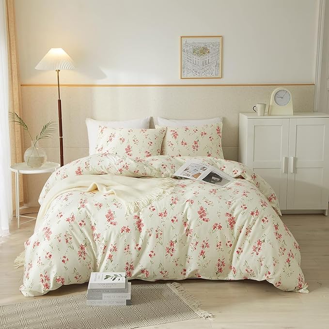 Vintage Garden Style Pink Floral Comforter Set Full Chic Boho Floral Bedding Comforter Fluffy Soft Aesthetic Flowers Botanical Comforter with 2 Pillowcases Girls Women Cottagecore Comforter Set