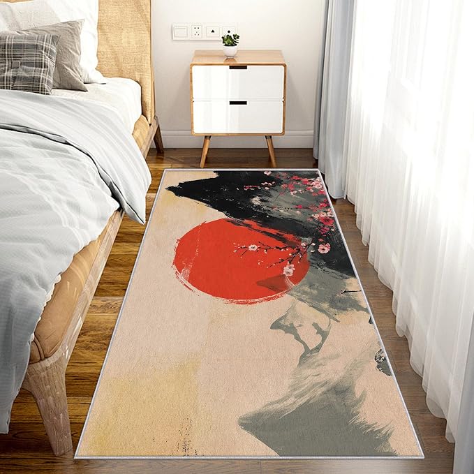 Japanese Runner Rug 4x8, Red Sun Cherry Blossom Mountain Landscape Design, Traditional Asian Art Area Rug, Washable Non-Slip Floor Carpet Runner for Bedroom, Dining Room, Living Room Aisle