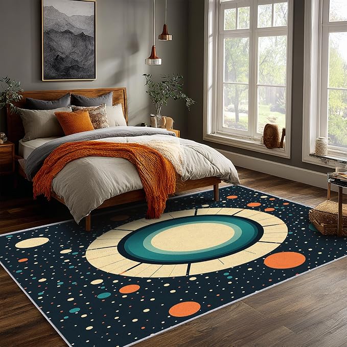 Mid Century Modern Rugs 7x9, Abstract Retro Washable 7 x 9 Area Rug for Living Room, Bedroom, Low Pile Non Slip Stain Resistant Carpet, Mid Century Home Decor Accessories & M902