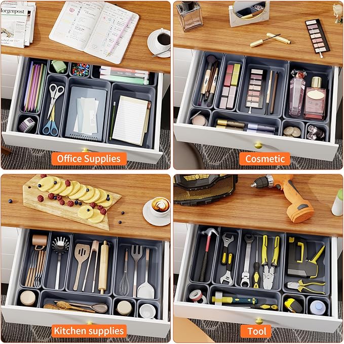 45 Pack Desk Drawer Organizer Tray, 3 Sizes Plastic Drawers Organizer Storage for Kitchen, Bathroom, Office, Vanity, Makeup, Utensils, Junk Drawer Organizer Bins, Gadget Trays for Organizing, Grey