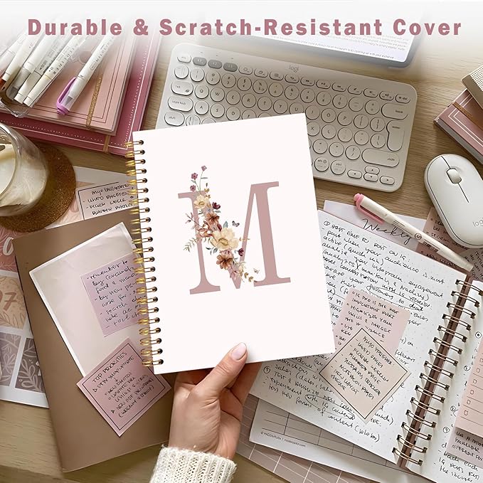 Lacama Pink Monogram M Notebook Journal, Aesthetic Wildflower Personalized Spiral Notebook, Customized Monogrammed Gifts, Birthday Gifts for Women, School Supplies, Office Supplies 5.5x8.3