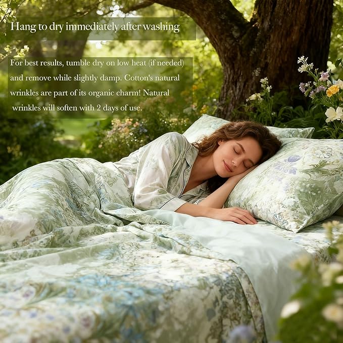 Zusbest Queen Sheet Set Luxury Sage Green Floral Bed Sheets 100% Cotton, Satin Weave Soft Silky Breathable for Hot Sleepers American Country Style Vintage Flower Deep Pocket 17.5‘’ Bed Set 4Pcs