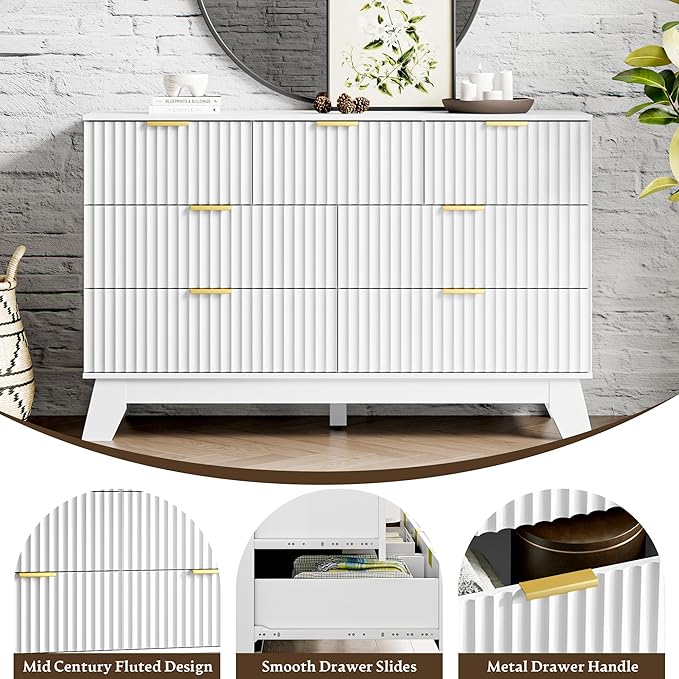 HUANLEGO Fluted Dresser for Bedroom with 7 Drawer, Mid Century Modern Chest of Drawers, 48" Wide Natural Wood Dresser for Closet, Wooden Boho Chest Closet Storage TV Stand for Bedroom, White